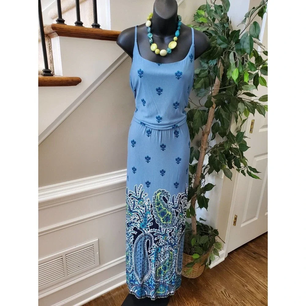 Cato Women's Blue Floral Rayon Square Neck Sleeveless Long Maxi Dress Size Large - Picture 1 of 10